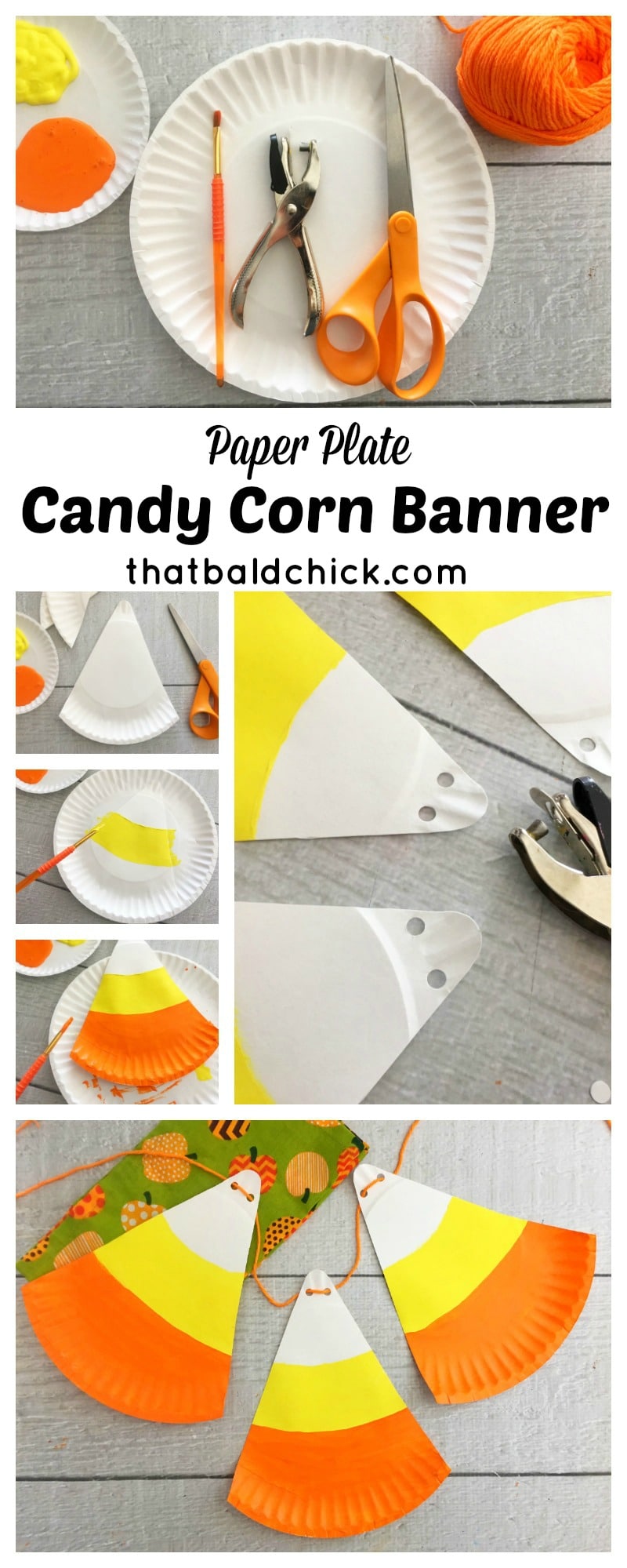 Paper plate candy corn banner at thatbaldchick.com
