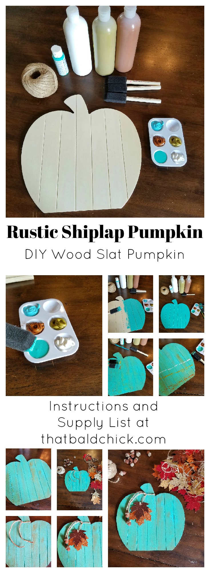 Display this teal rustic shiplap pumpkin on your door to alert visitors that your home is allergy safe this season. Supply list and instructions at thatbaldchick.com