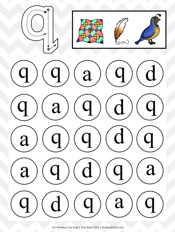 Get this free Lowercase Do a Dot Letter Q printable at thatbaldchick.com. #homeschool #teacher #alphabet #abcs #lotw #free #printable