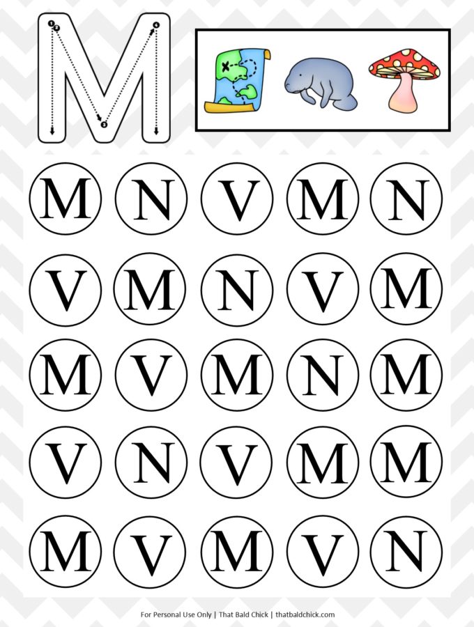 Get this uppercase do a dot letter M printable at thatbaldchick.com