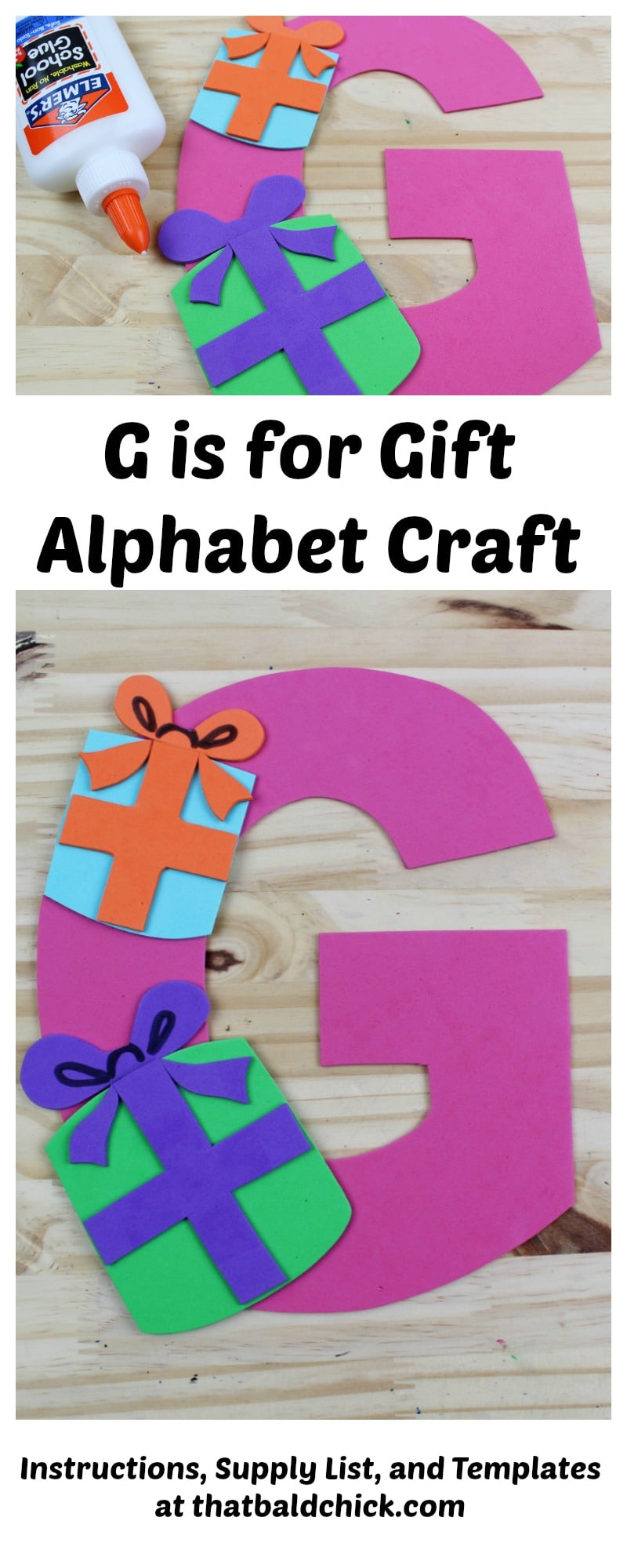 G is for Gift Alphabet Craft - supply list, instructions, and templates at thatbaldchick.com