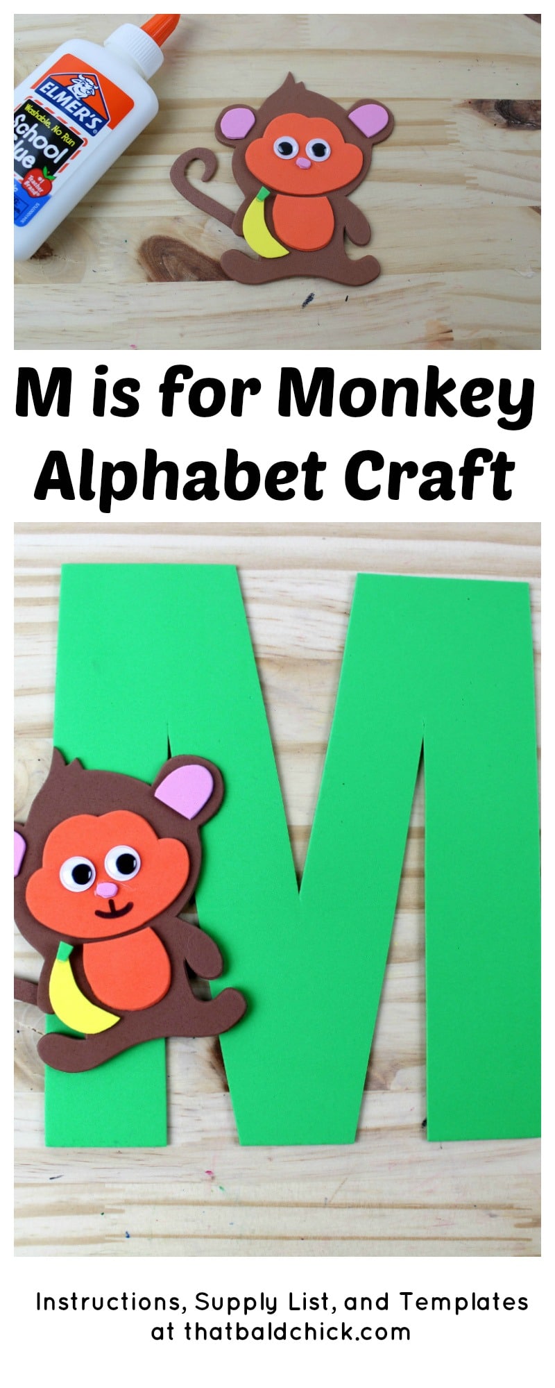 M is for Monkey Alphabet Craft - supply list, instructions, and templates at thatbaldchick.com