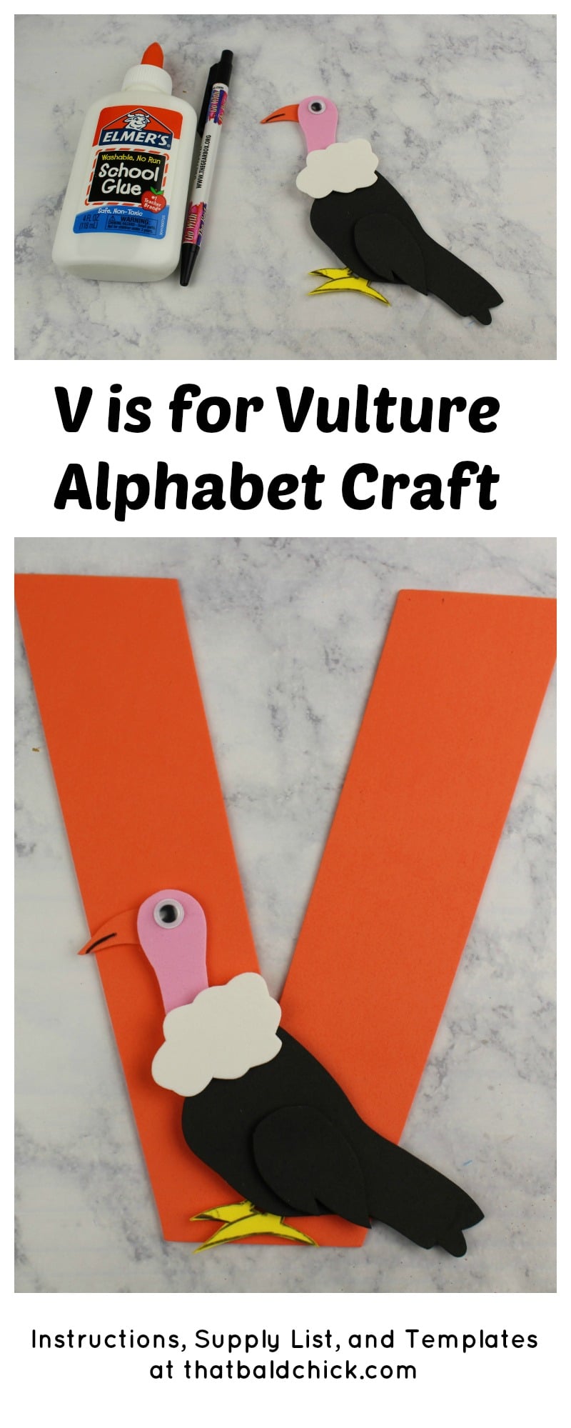 Get the supply list, instructions, and templates for this V is for Vulture Alphabet Craft today! #homeschool #teacher #alphabet #abcs #lotw #free #printable