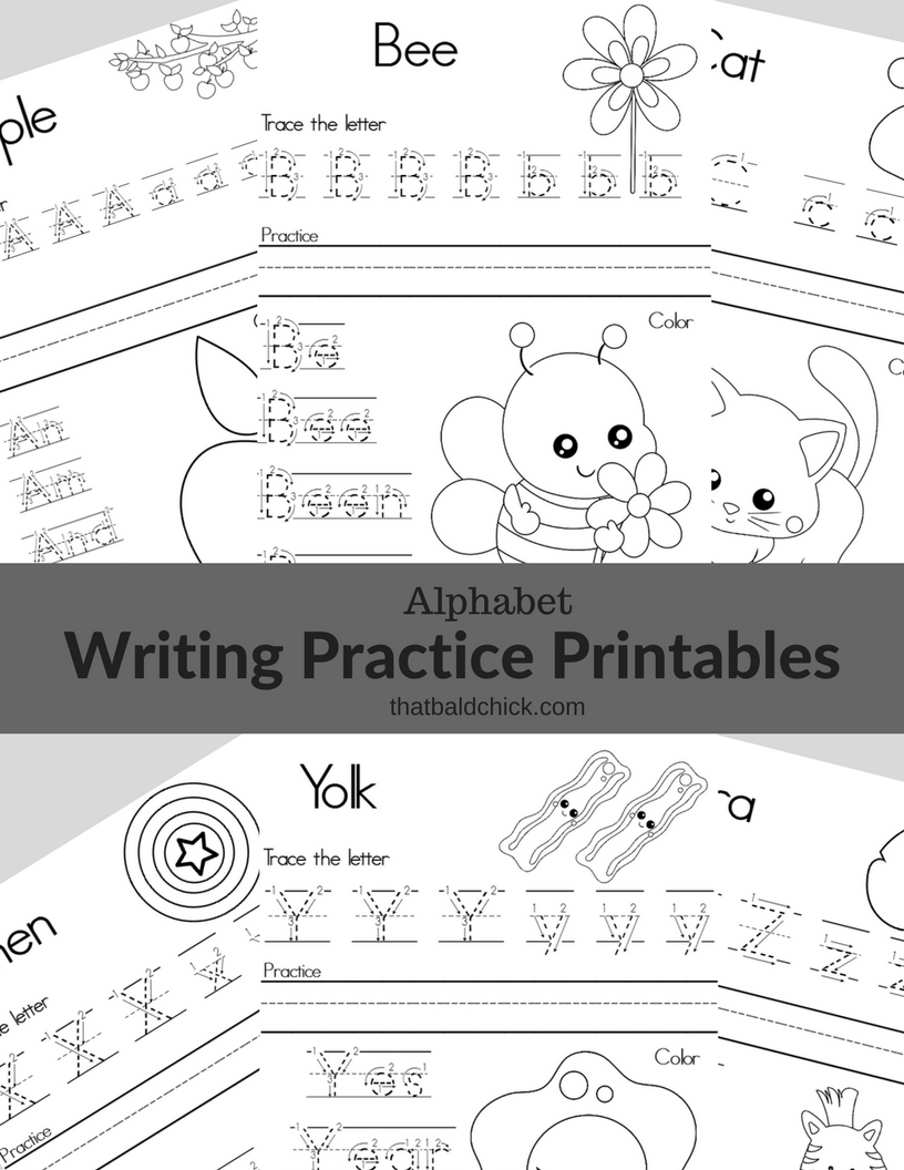 Get these #free #Alphabet #writing practice #Printables at thatbaldchick.com! #homeschool #teacher #abcs #lotw #free #printable #homeschooling #hsmommas