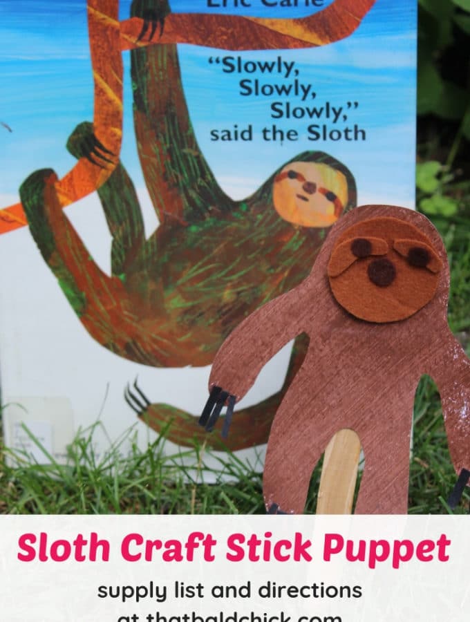 Make your own Sloth Craft Stick Puppet - supply list and instructions at thatbaldchick.com