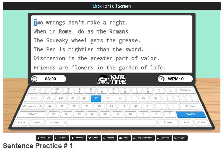 kidztype typing practice screen
